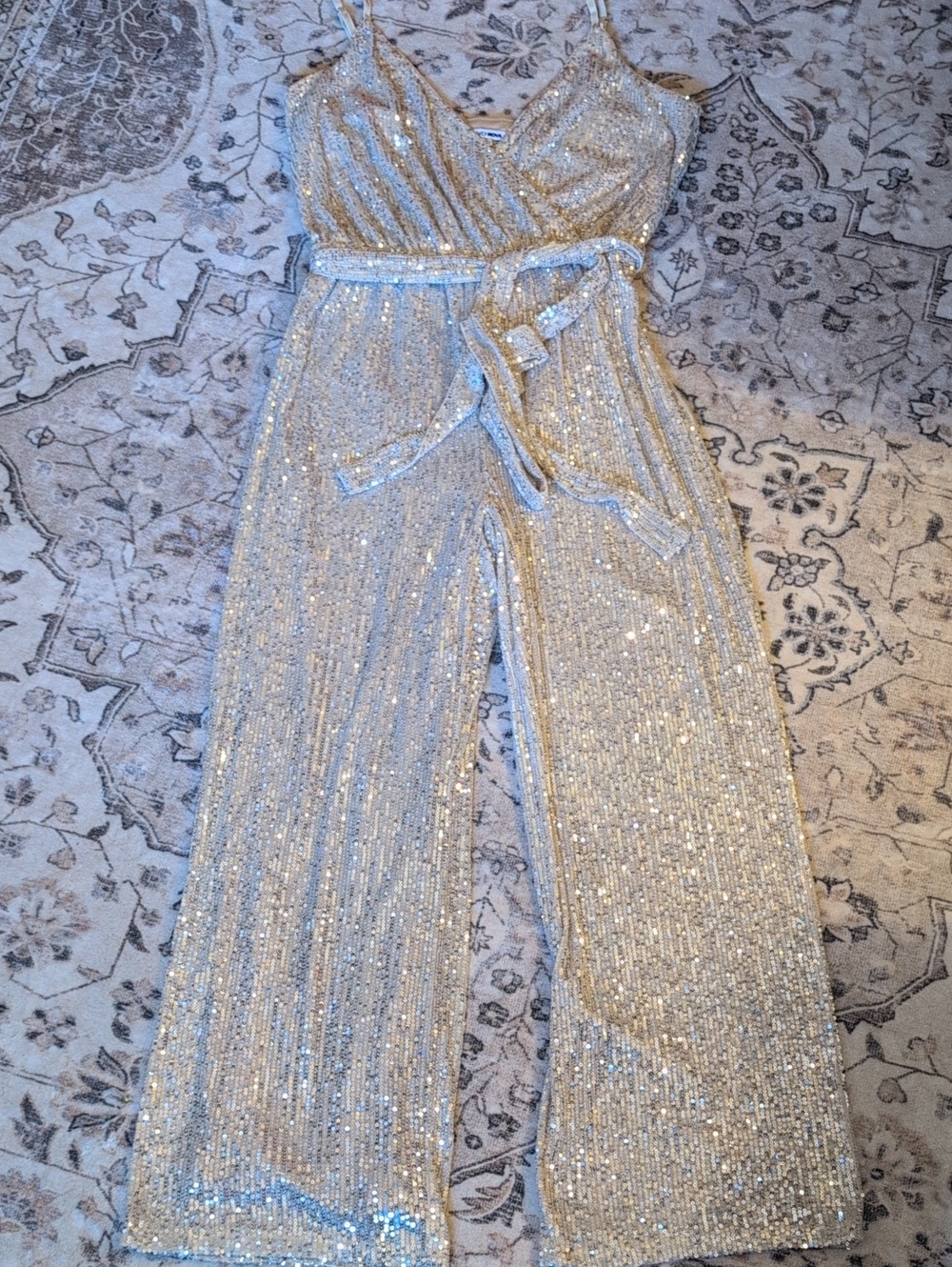 Fashion Nova Pale Gold Sequin Wrap Jumpsuit